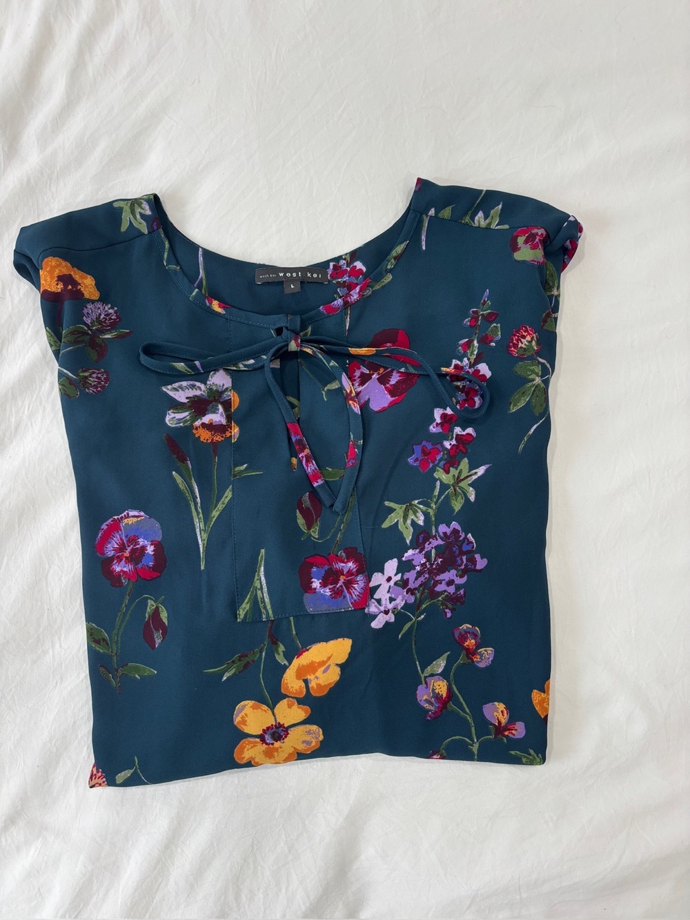 West Kei Teal Floral Tie-Neck Blouse